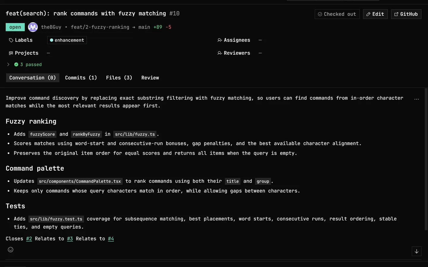 A pull request open in GitDesktop: a label, a rollup of 3 passed checks, Conversation, Commits, Files, and Review tabs, and the description