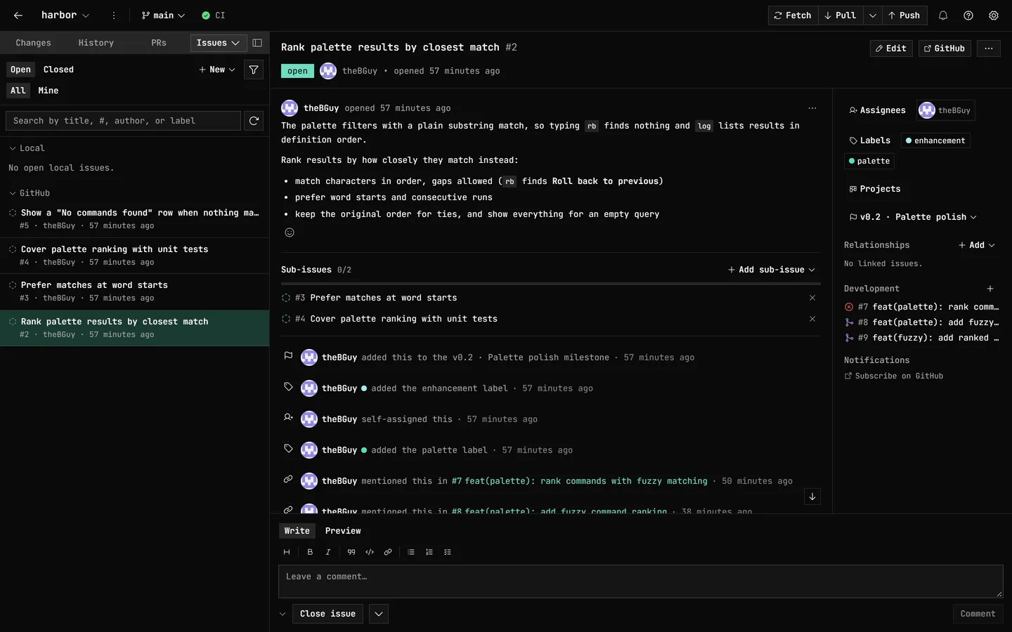 A GitHub issue in GitDesktop: its description and two sub-issues, an assignee, labels, a milestone, three linked pull requests under Development, and an activity feed of milestone, label, assignment, and mention events