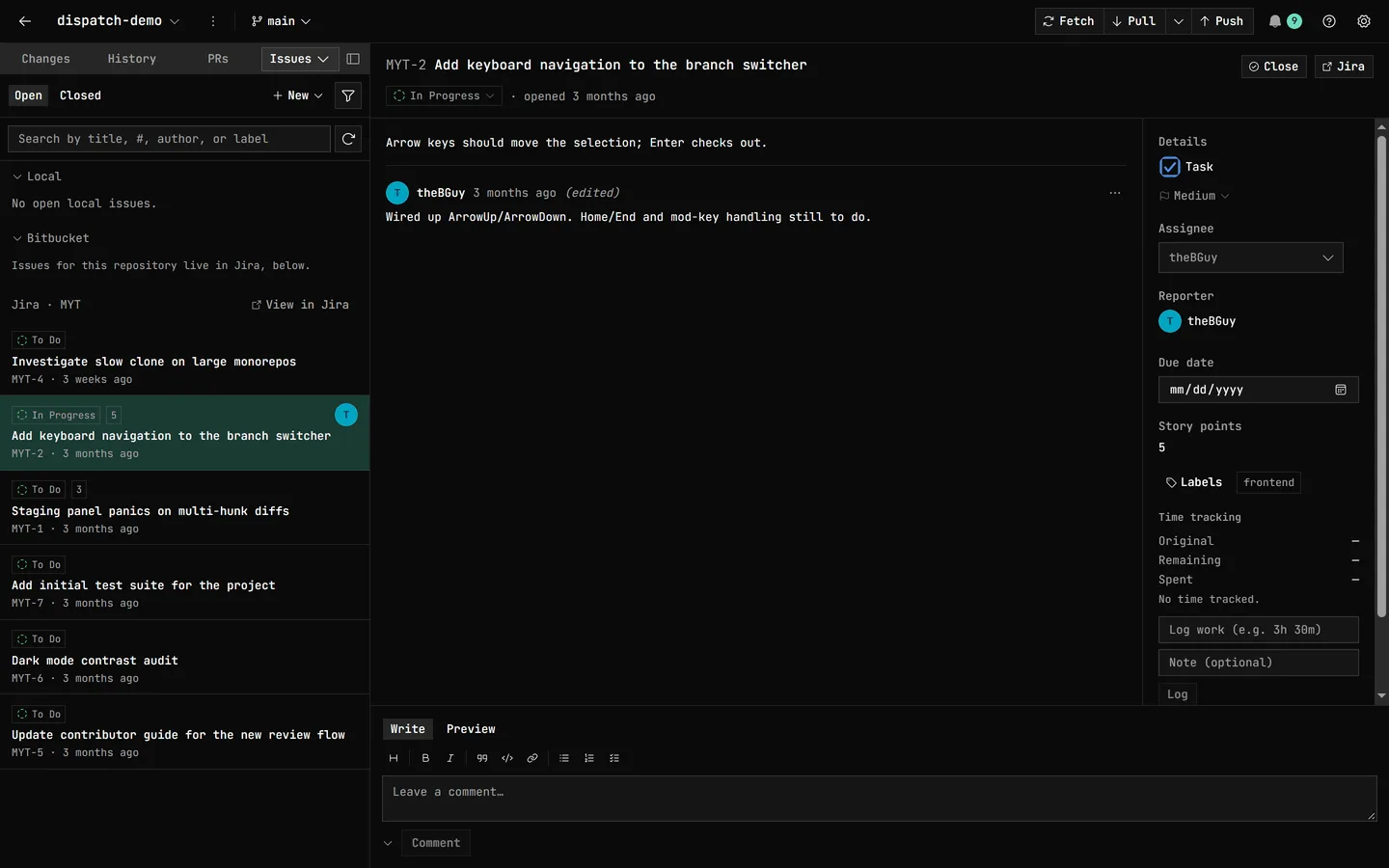 The Issues tab in GitDesktop on a Bitbucket repository with a linked Jira project: the project's issues with their statuses and story points, and the open issue MYT-2 with its In Progress status, description, a comment, and its type, priority, assignee, story points, labels, and time tracking