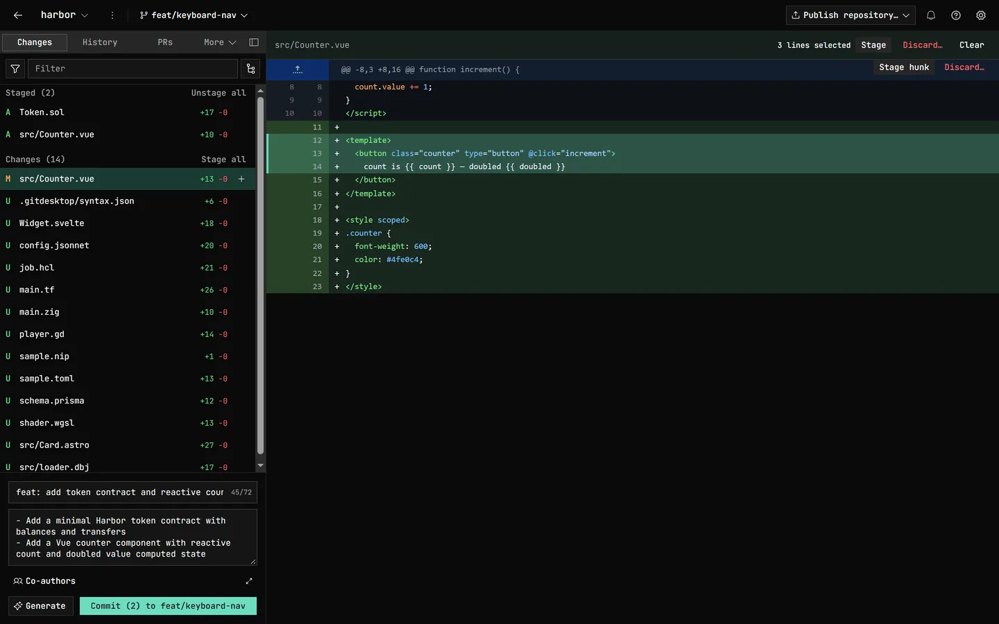 What you're installing: GitDesktop's Changes view with three lines of a Vue diff selected for staging, two staged files, fourteen changed files across many languages, and a commit message in the composer