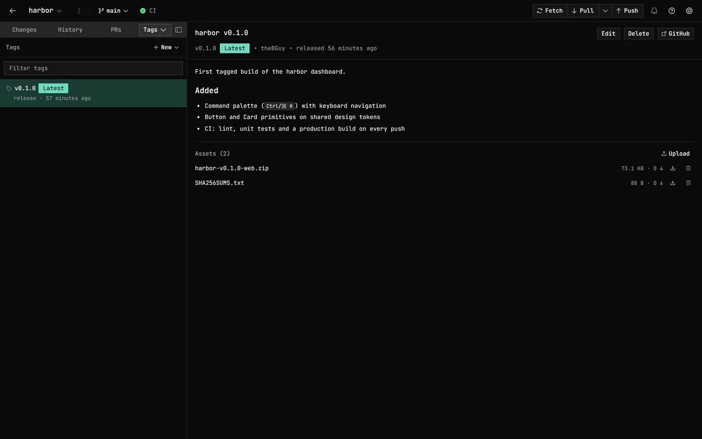 The Tags panel in GitDesktop: the v0.1.0 release marked Latest, its notes, and two attached assets with their sizes and download counts