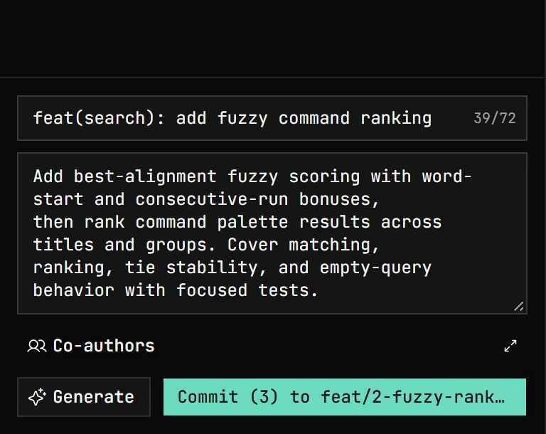 The commit composer: Generate streams an AI-written conventional-commit message for the staged change