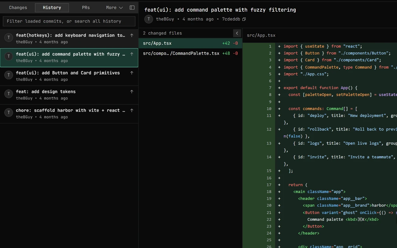Arrowing through commit history while the selected commit's changed files and diff follow