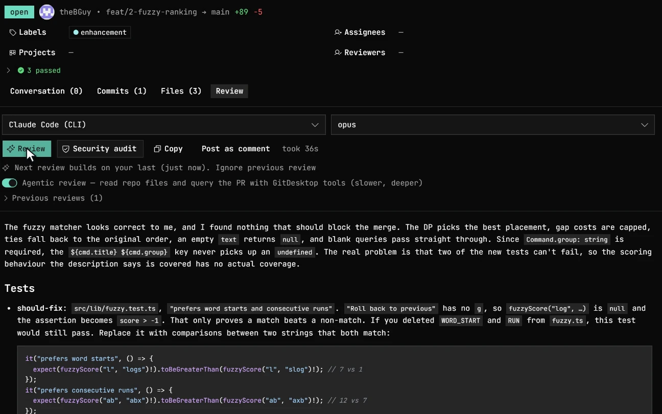 An agentic AI review on a pull request: the reviewer reads the repository, then lists its findings with a suggested fix